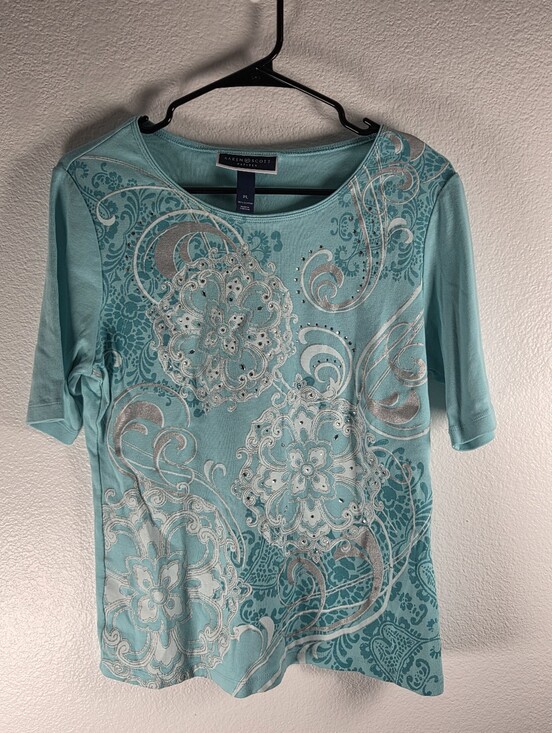 Karen Scott Tops - Karen Scott Women's Size PL Aqua Floral Embellished Short-Sleeve Tee
